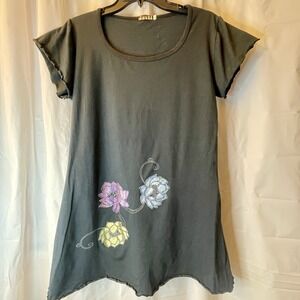 Jayli Women Sz L  Black Hand Embroidered Lotus Flowers Mini T-Shirt Dress Boho